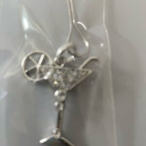 Silver Martini Glass Pendant Necklace with Rhinestones, NWT